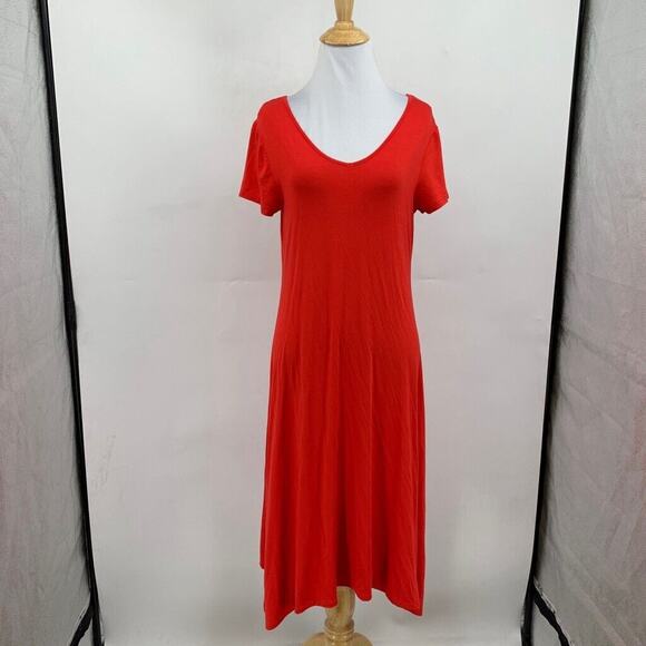 Chicos Tee Dress Womens 0 Red Essential Short Sleeves Lace Up Back Jersey Midi - Picture 2 of 13